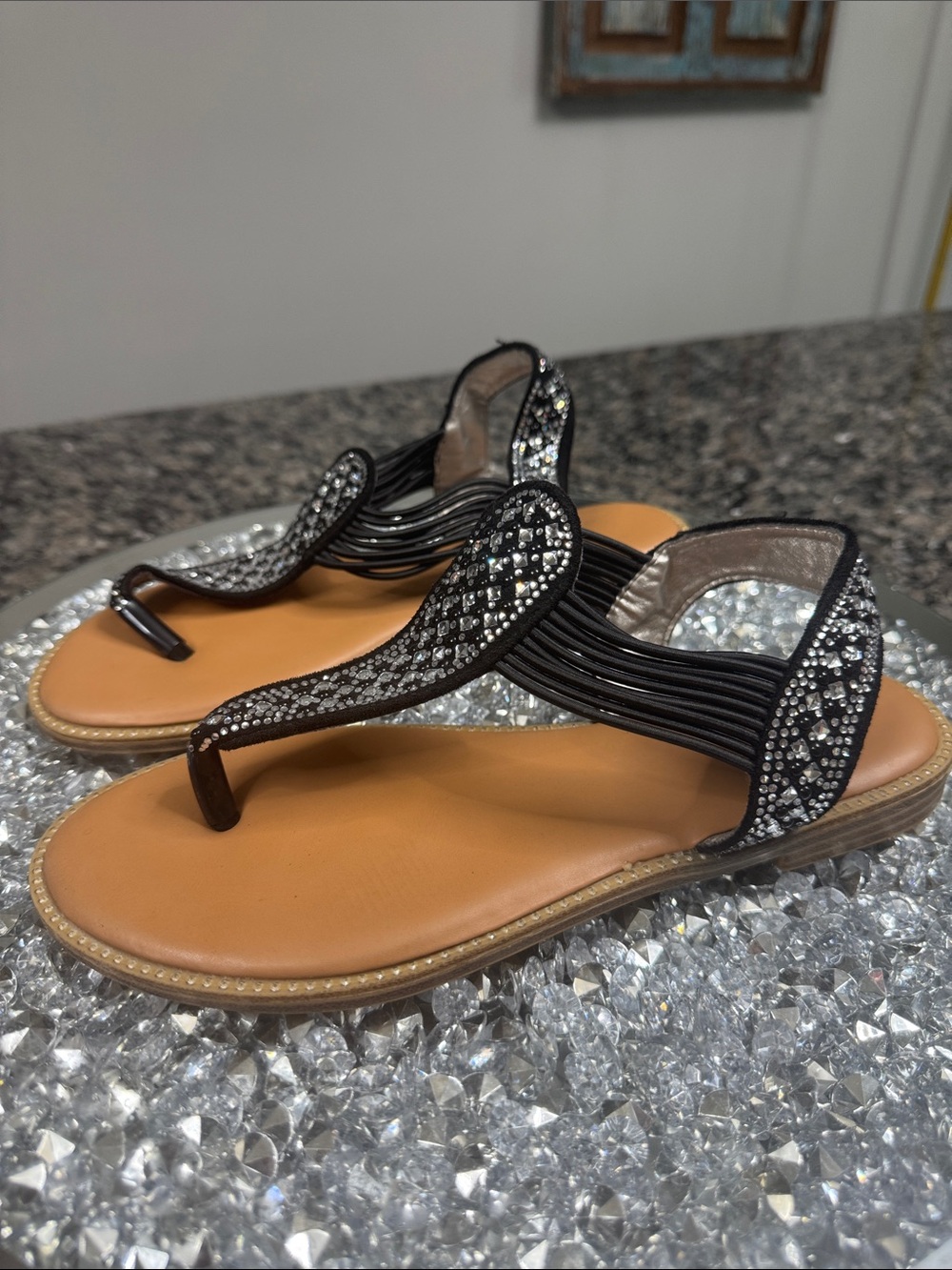 Jessica Cline Black Crystal Thong Sandals with Elastic Side Straps
